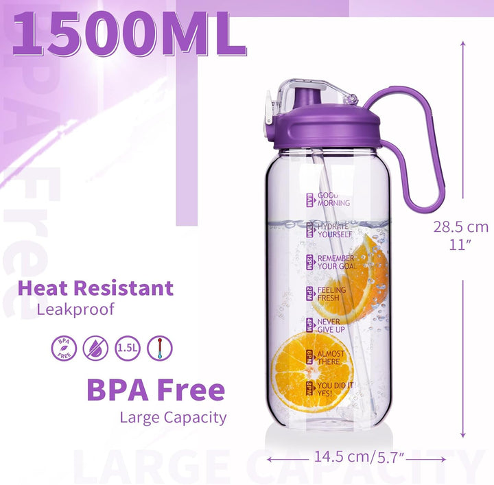 DEARRAY 1.5l Trinkflasche Glas mit Strohhalm & Zeitmarkierung 1.5 liter Grosse Motivation Glasflasch