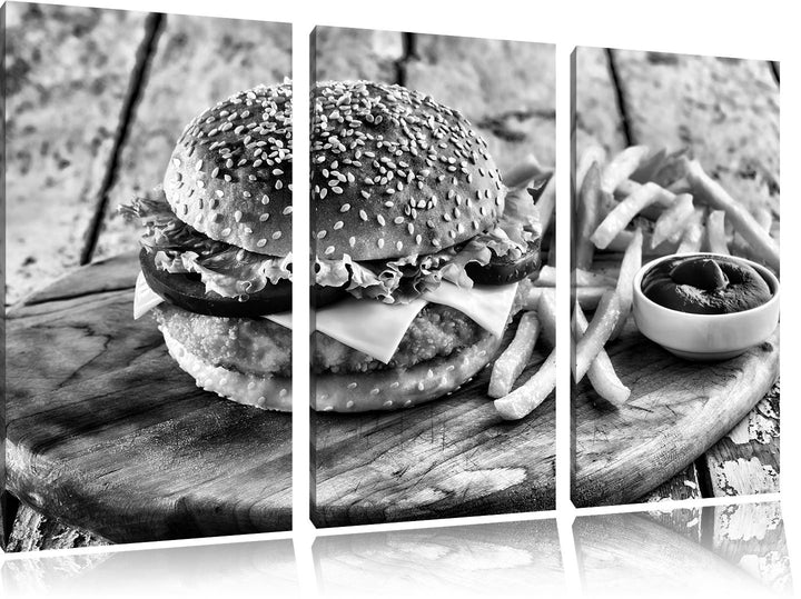 Pixxprint Chickenburger Pommes als Leinwandbild/Grösse: 3 Teilig (120x80 cm) cm/Wandbild/Kunstdruck/