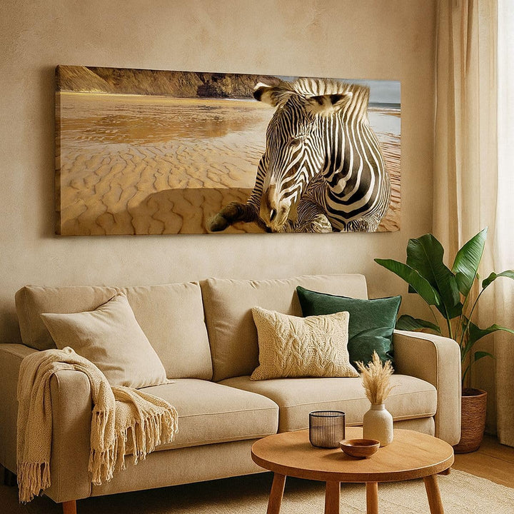 Panorama Bilder auf Leinwand 100x40cm Leinwandbild Zebra Strand Landschaft Gross Wanddeko Bild Schla