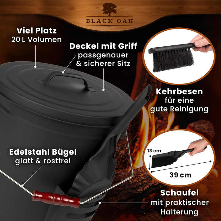 BLACK OAK Ascheeimer Stromboli 20L – schwarz mit Deckel Schaufel & Besen Bügel Silber gross 20 Liter