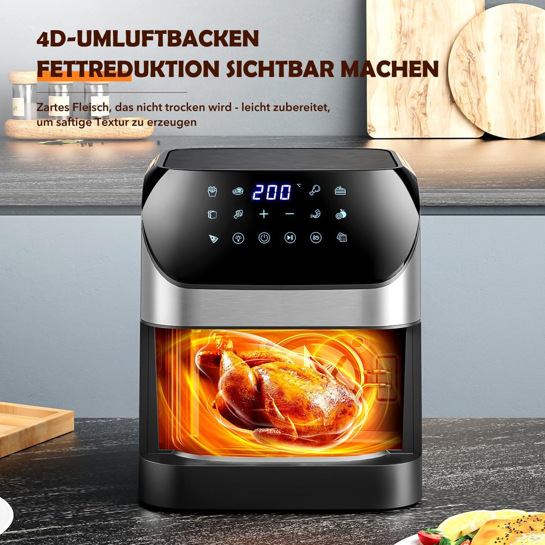 Heissluftfritteuse mit Sichtfenster 8L, Heissluftfritteuse Air Fryer mit Digitalem LED-Touchscreen,