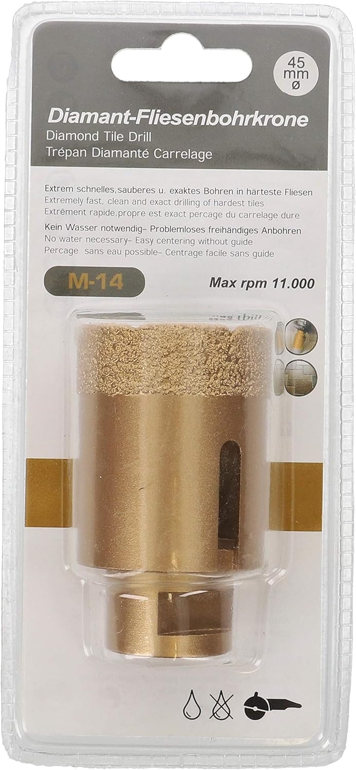 PRODIAMANT Profi Fliesenbohrer Fliese 45 mm x M14 Diamantbohrer Winkelschleifer für trockenbohren in
