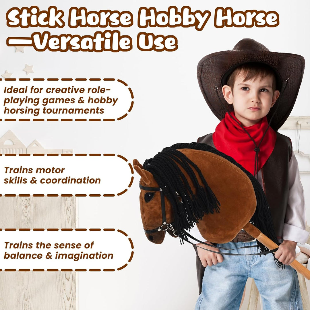 Hobby Horse für Kinder, Steckenpferd Spielzeug Pferd mit Halfter und Zügeln, Holzpferd Plüschpferd S