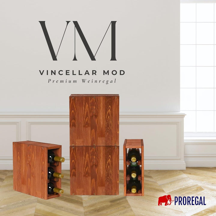 PROREGAL Modulares Weinregal VINCELLAR MOD | HxBxT 30x12x30cm | Schmal Modul für 3 Flaschen | Massiv