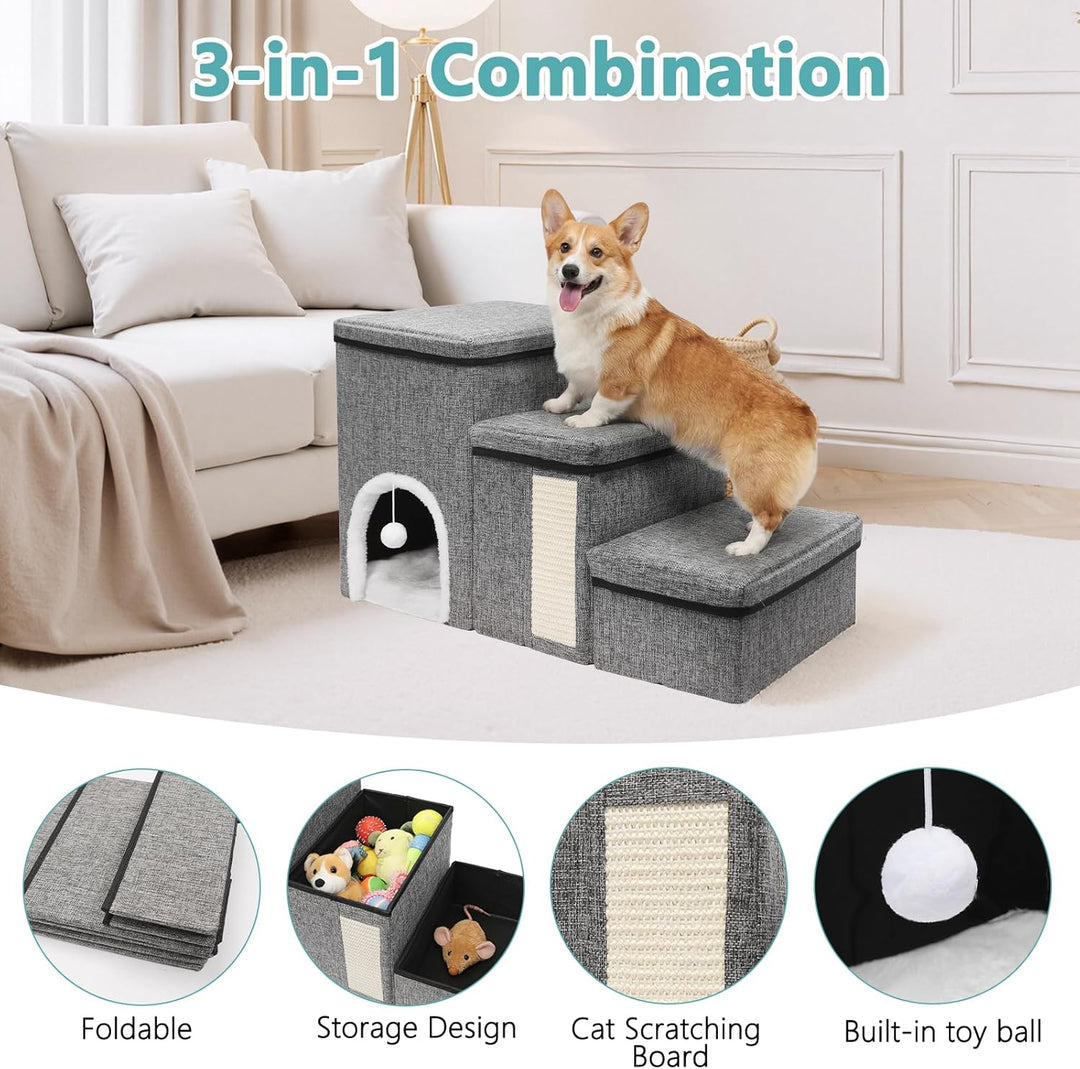 Newthinking Hundetreppe 3 Stufen mit Stauraum, rutschfeste &amp; Faltbare Treppe für kleine Hunde, älter