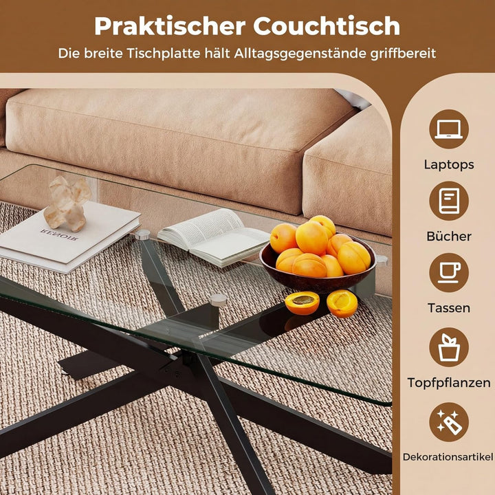 COSTWAY Couchtisch aus gehärtetem Glas, rechteckiger Glastisch mit Metall-Rohrrahmen, Wohnzimmertisc