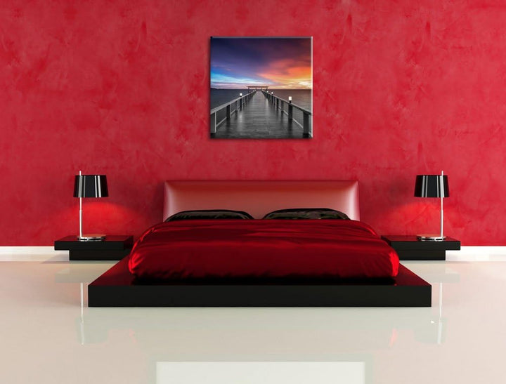 Pixxprint Moderner Holzsteg ins Meer Schwarz/Weiss, Format: 70x70 auf Leinwand, 70x70