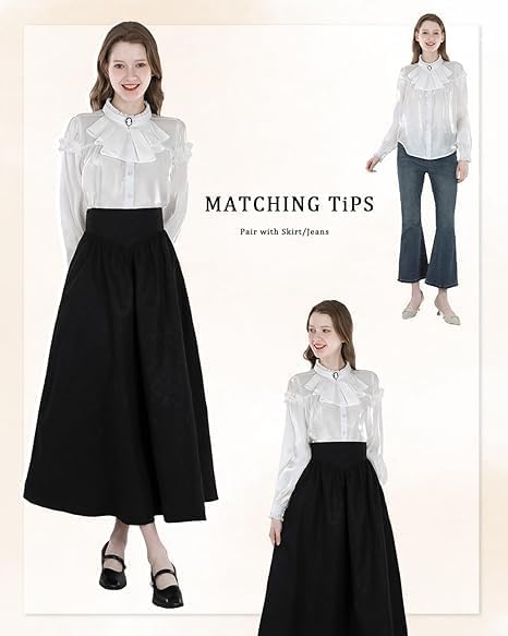 Damen Viktorianisch Bluse Vintage Schleifenhemd Stehkragen mit Ruff Langarmshirt Mittelalter Bluse M