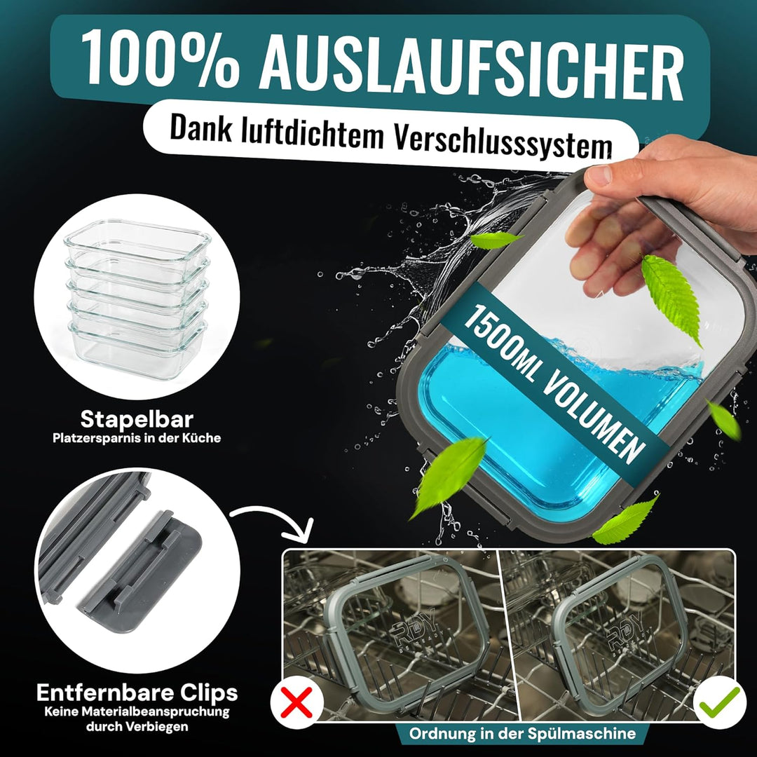 RDY® Meal Prep Glas-Boxen Set 5x 1500ml - luftdichte Glasbehälter Mikrowelle, Backofen, Gefrierfach