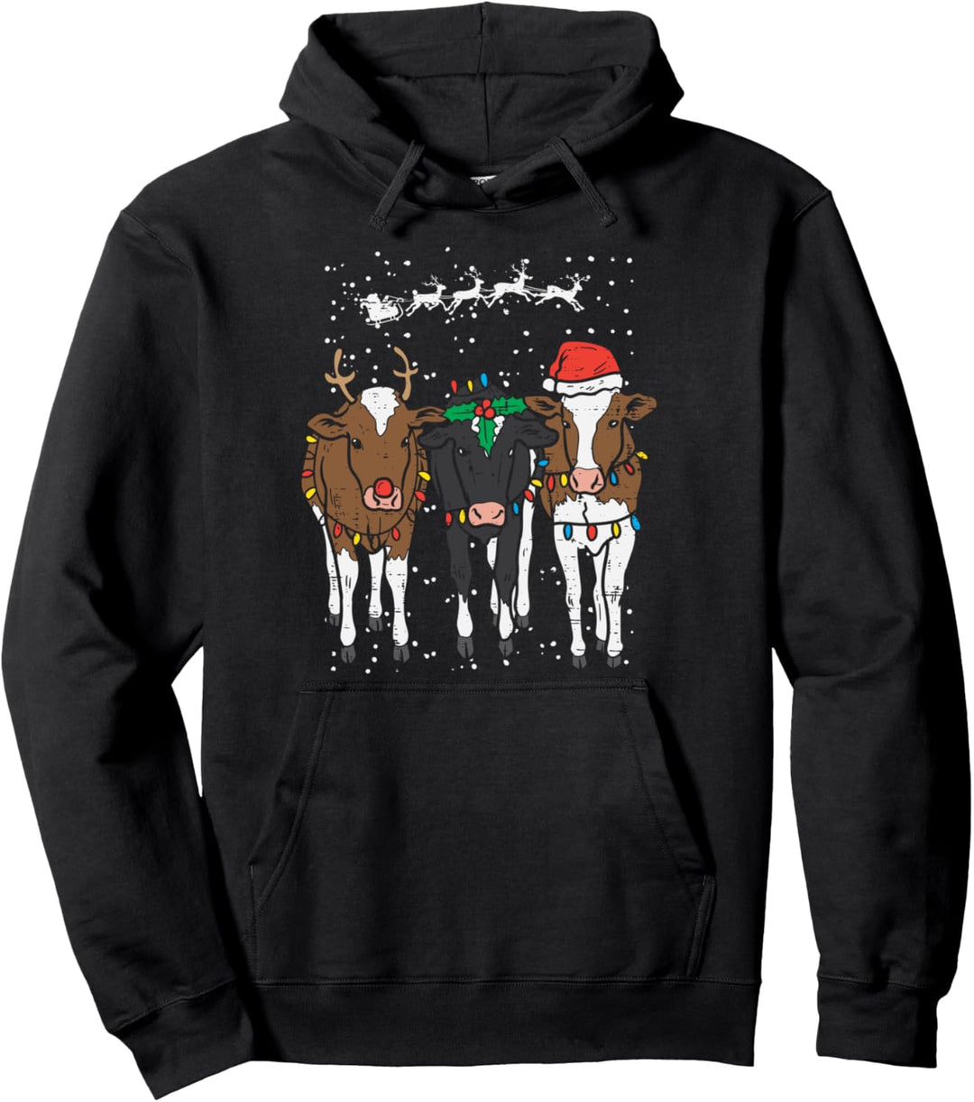 Reindeer Santa Cows Funny Farm Christmas Animal Lover Gift Pullover Hoodie