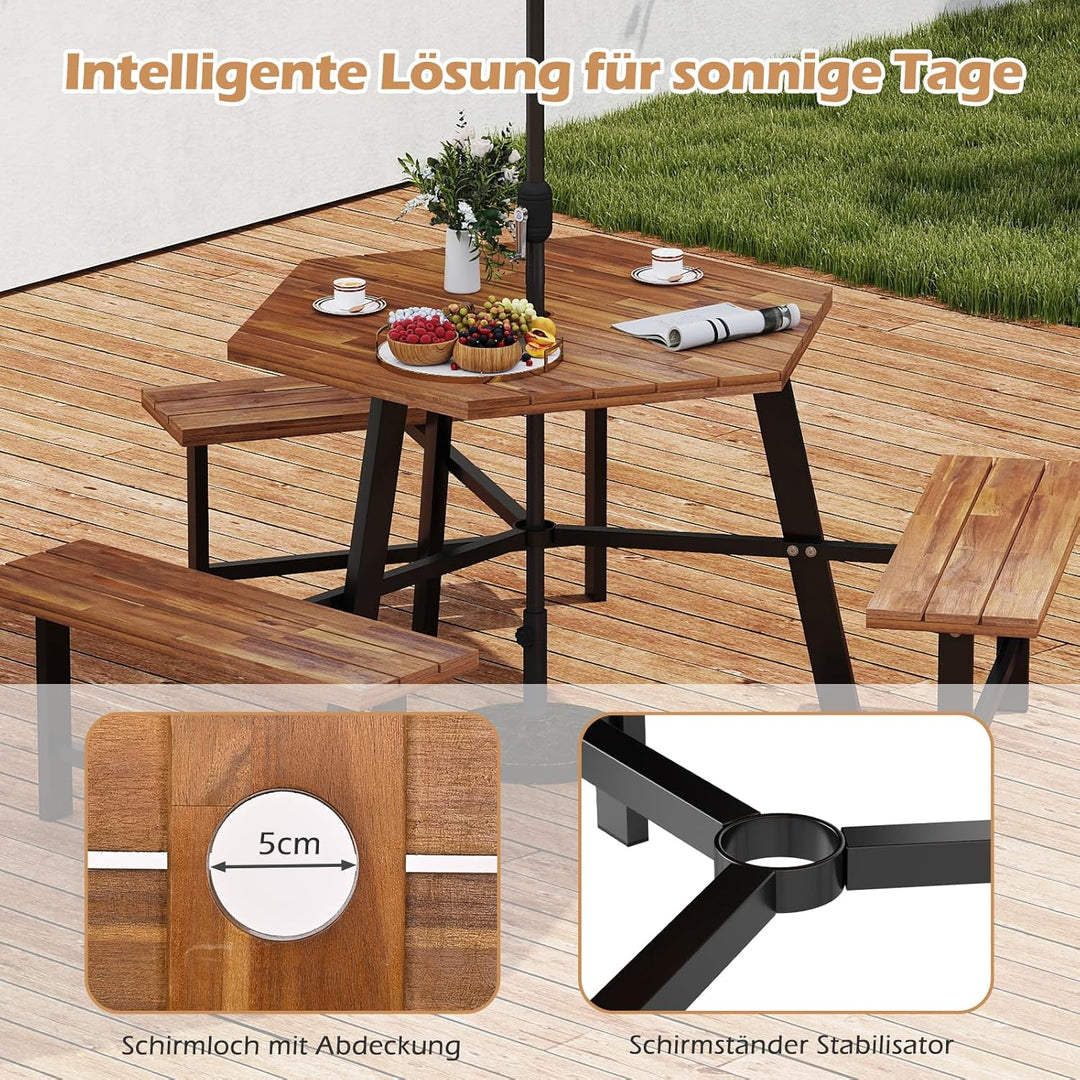 COSTWAY Picknicktisch Set für 6 Personen, Gartentisch aus Akazienholz mit Schirmloch &amp; 3 Bänken, Ter