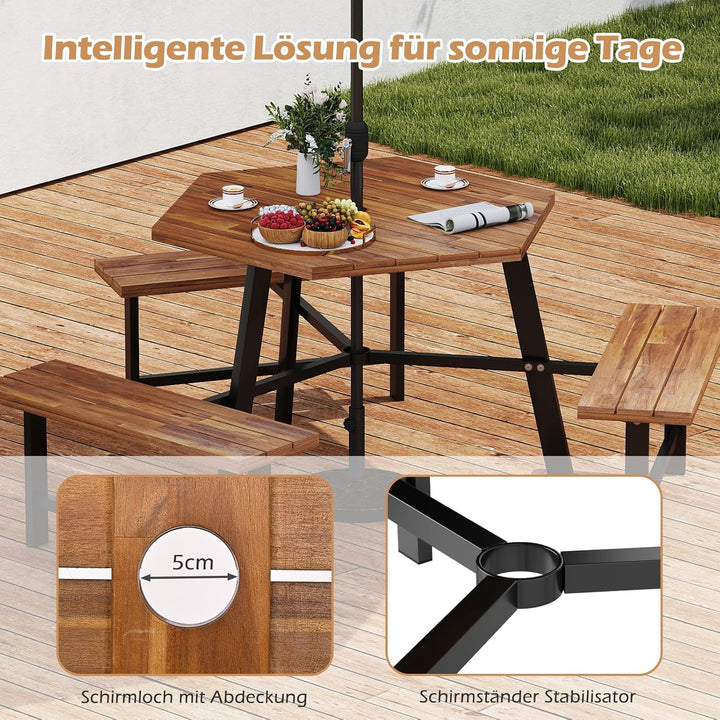 COSTWAY Picknicktisch Set für 6 Personen, Gartentisch aus Akazienholz mit Schirmloch &amp; 3 Bänken, Ter
