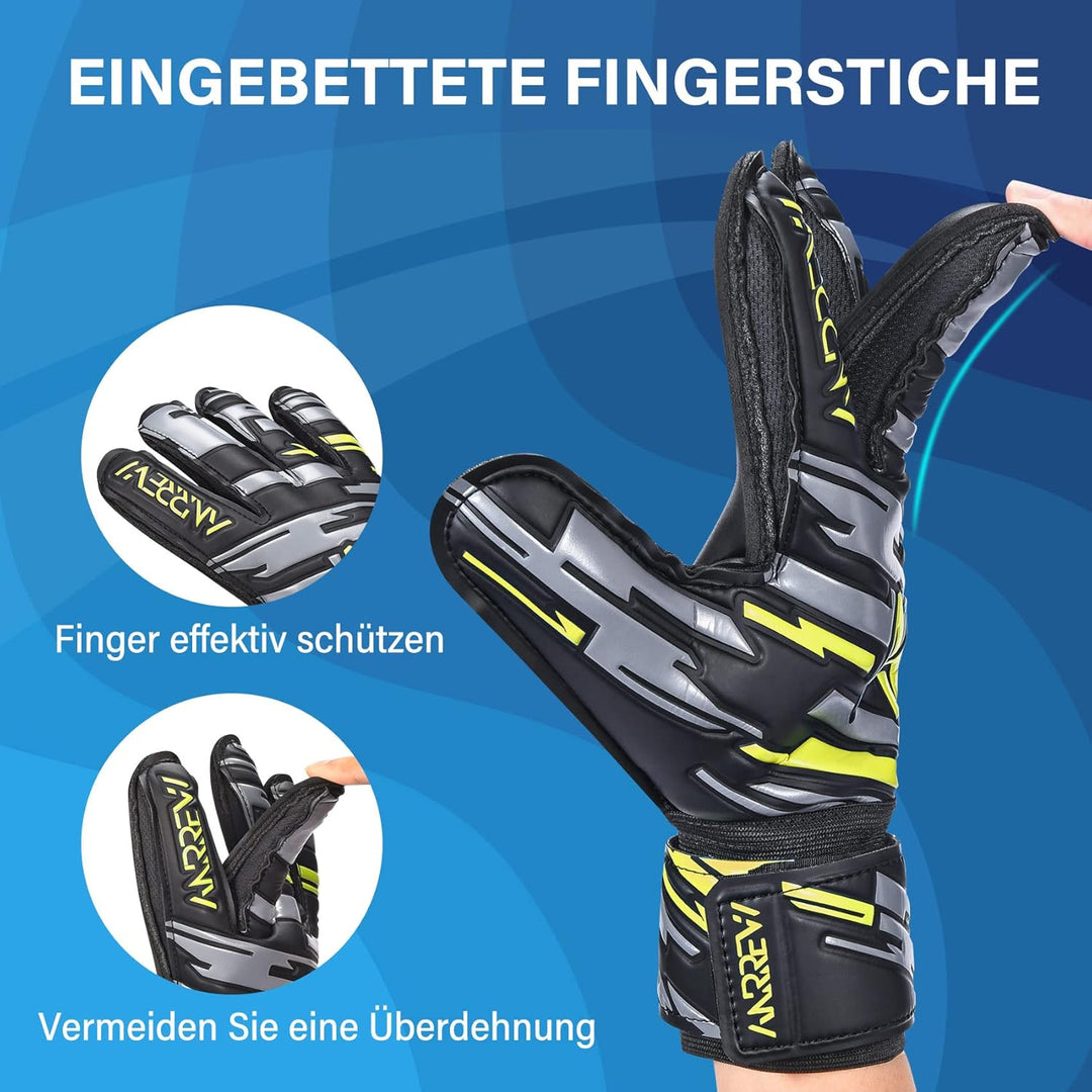 Anrrew Fussball Torwarthandschuhe mit Fingerschutz und doppeltem Handgelenkschutz. Torwarthandschuhe
