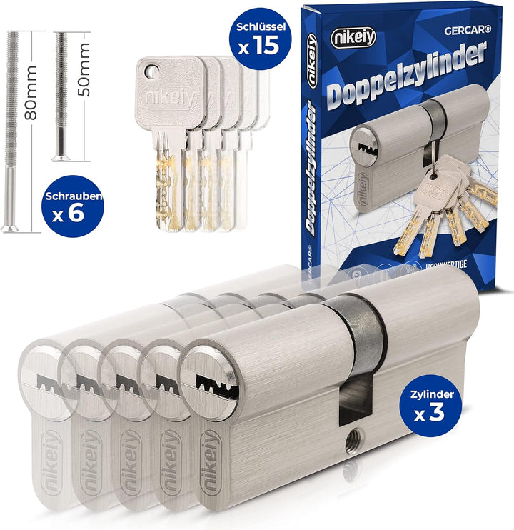 GERCAR Pro Gleichschliessend 3x Schliesszylinder 40/40 Set 3 Profilzylinder inkl. 15 Schlüssel - 80