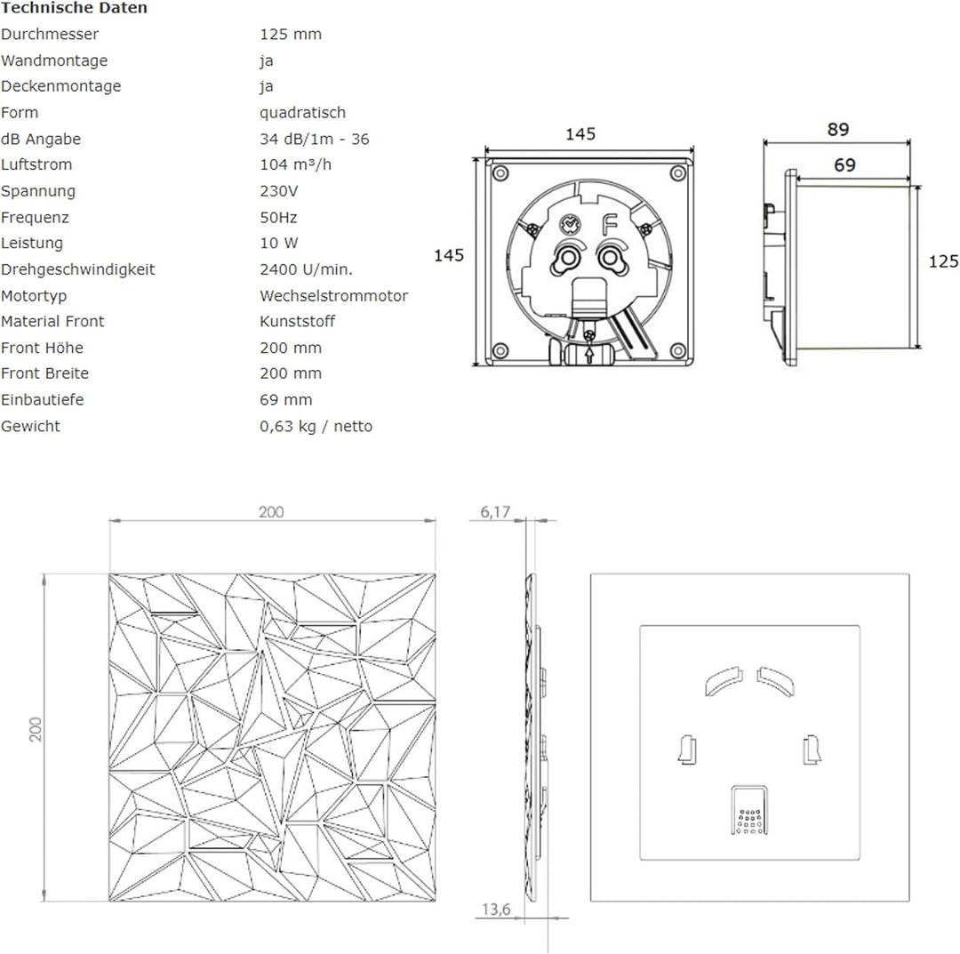 MKK Badlüfter Wohnraumlüfter Diamant Panel anthrazit Ø 125 mm Feuchtesensor/Hygrostat, Ø 125 mm Feuc