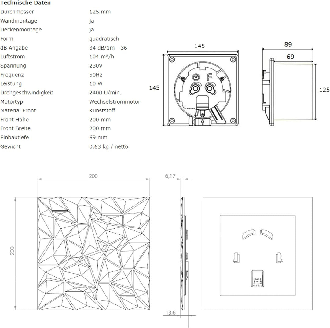 MKK Badlüfter Wohnraumlüfter Diamant Panel anthrazit Ø 125 mm Standard, Ø 125 mm Standard