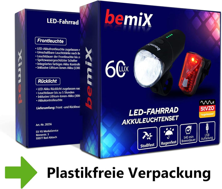 bemiX Fahrradlicht Set StVZO zugelassen LED Fahrradleuchtenset regenfest mit Schnellbefestigung Hell
