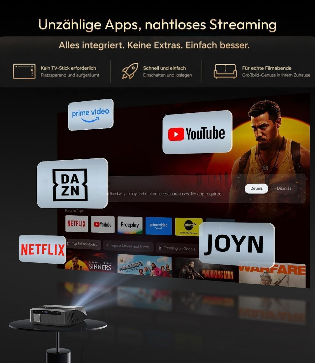 Beamer 4K Heimkino 2300 ANSI Tageslicht Beamer mit WiFi6, Bluetooth5.2, Autofokus Full HD LED Smart