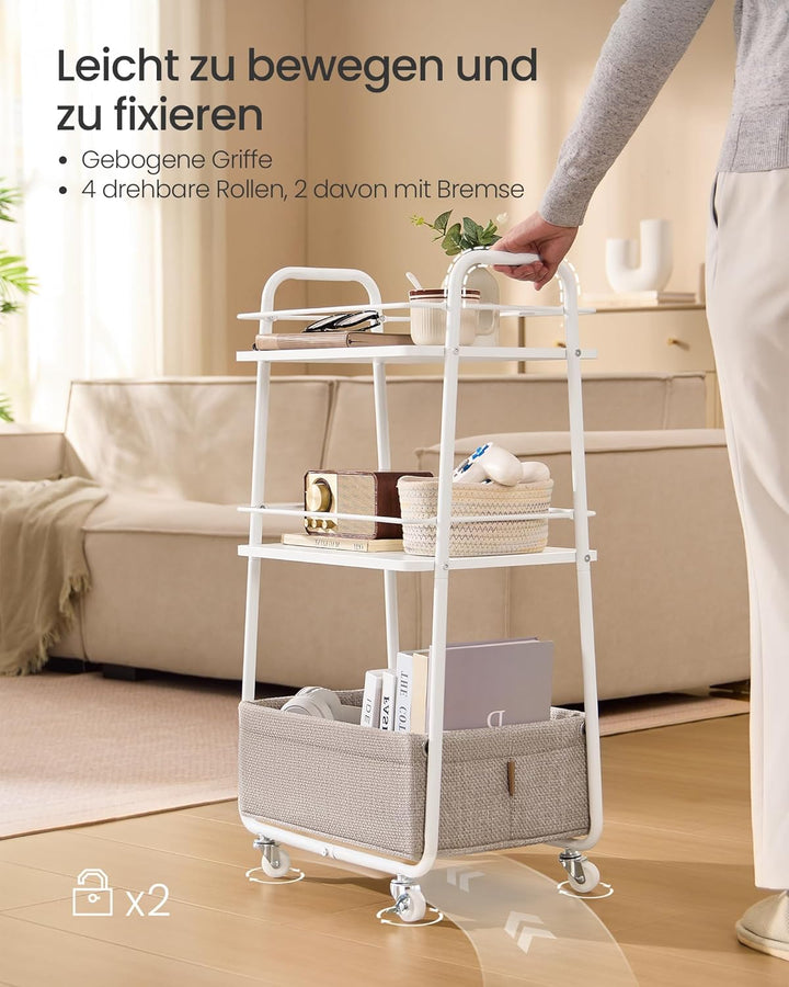 VASAGLE LILEA Kollektion - Rollwagen mit Korb aus Stoff, 3 Ebenen, Servierwagen mit Rollen, Ablagen,