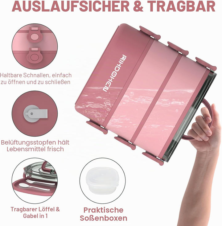 RIKDOKEN Bento Box Lunchbox, stapelbare 3-lagige Behälter, tragbare 2.6 l grosse Kapazität, auslaufs