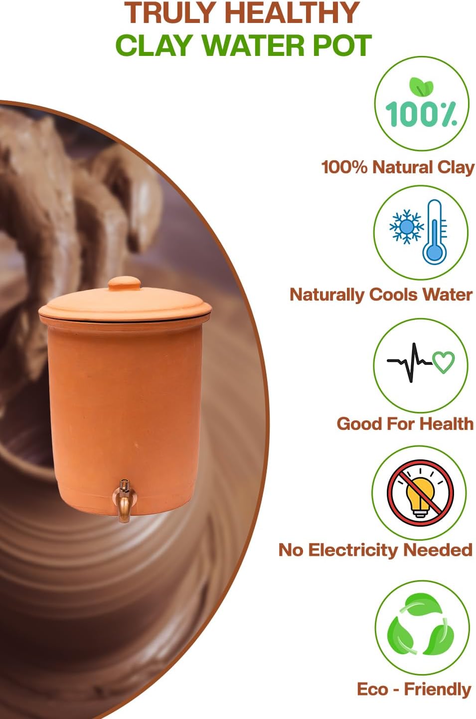 Village Decor Handmade Earthen Clay Water Pot with Stainless Steel Spigot and Lid/Beverage Dispenser