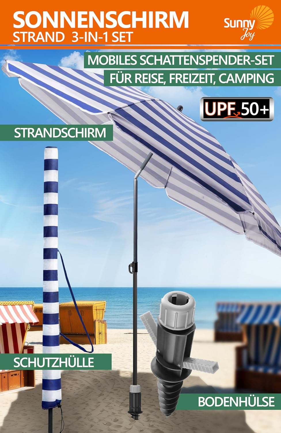 4smile Sonnenschirm Strand SunnyJoy 3-IN-1-SET, Fb. Blau-Weiss - Strandschirm Ø 180 cm + Bodenhülse