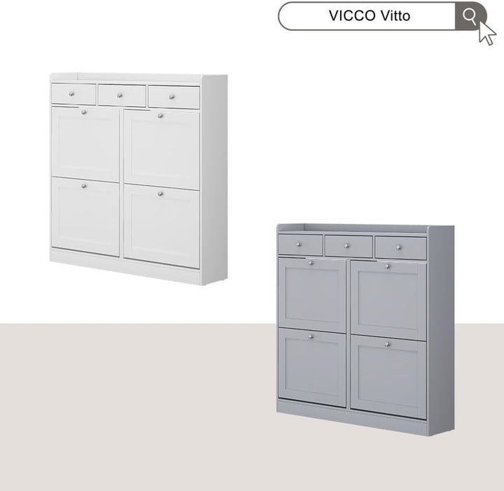 Vicco Schuhkipper Vitto, Grau, 100 x 99.5 cm mit 3 Schubladen & 4 Klappfächern, zur platzsparenden A
