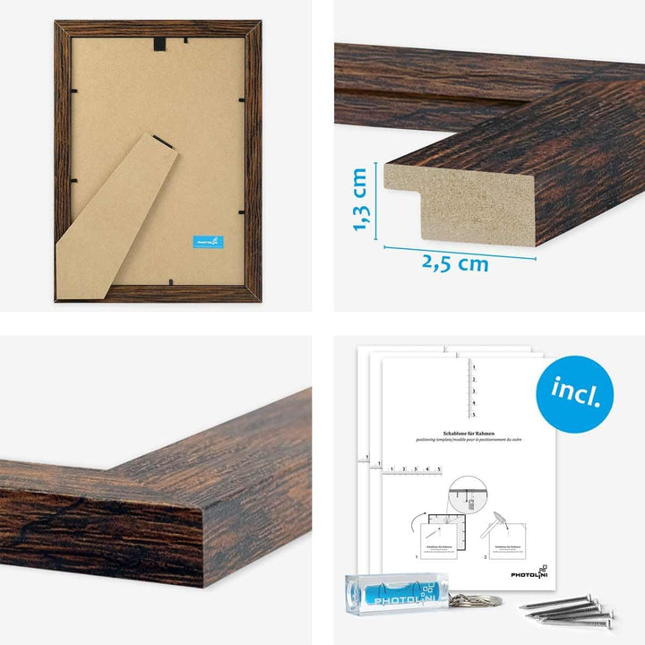 PHOTOLINI dunkle Eiche Bilderrahmen Set Holz MDF, Fotorahmen Set, 10er Bilderrahmenset Wand Collage,