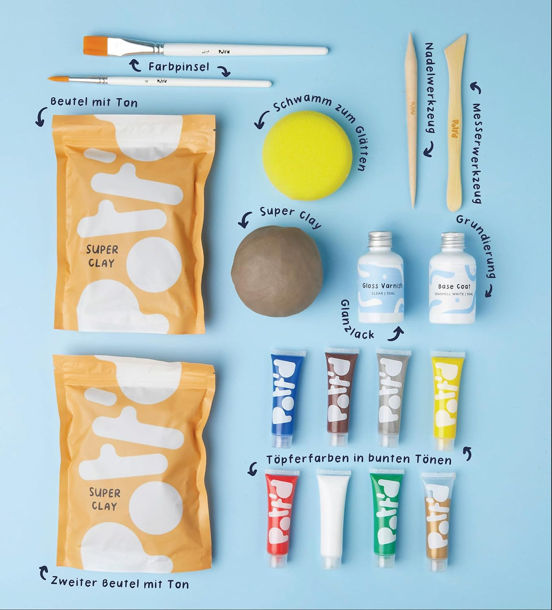 Pott'd Mini-Töpfer-Sets | Lufttrocknendes Töpferset für Erwachsene | Mit Farben, Töpferwerkzeugen un