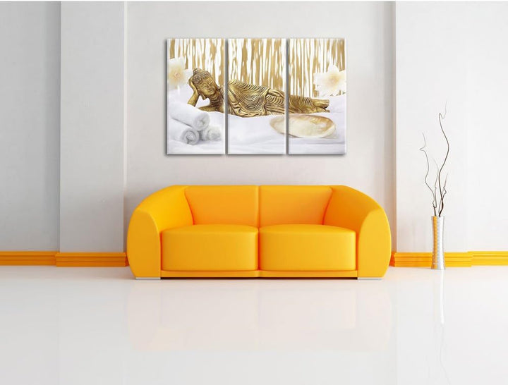 Pixxprint Goldener Buddha auf Handtuch als Leinwandbild/Grösse: 3 Teilig (120x80 cm) cm/Wandbild/Kun