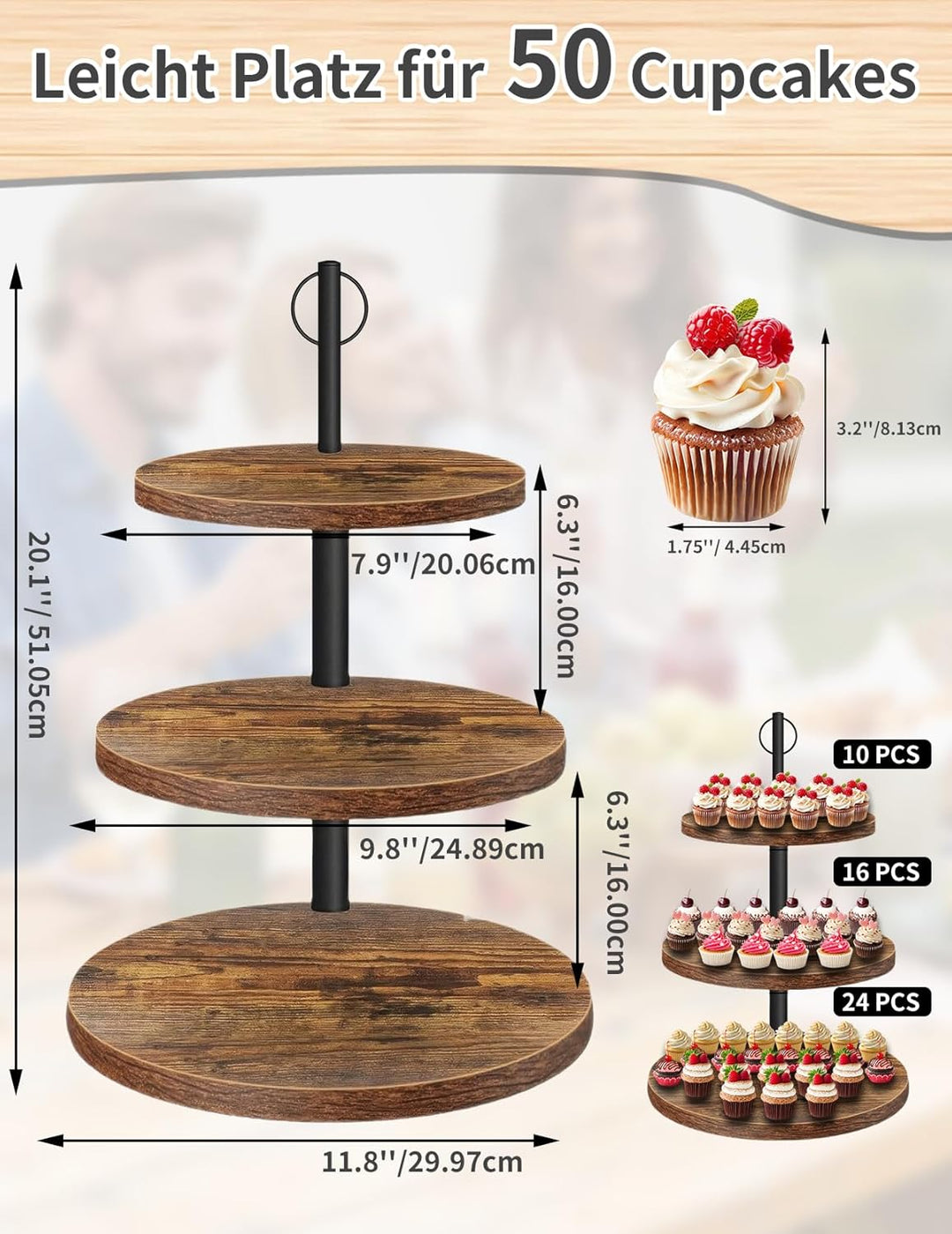 3-stöckiger Kuchenständer, Grosser Cupcake Ständer Ø 20.06cm Ø24.89cm Ø29.97cm, Etagere 3 Etagen aus