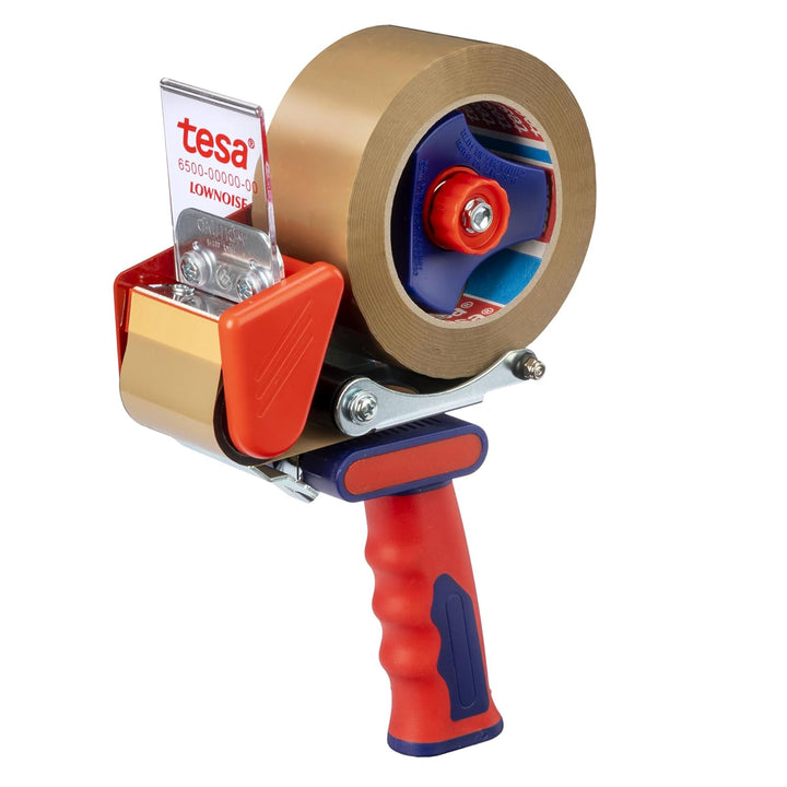 tesa 6500 Industrial Handabroller - Geräuscharmer Klebebandabroller für laute Packbänder - Sicherhei