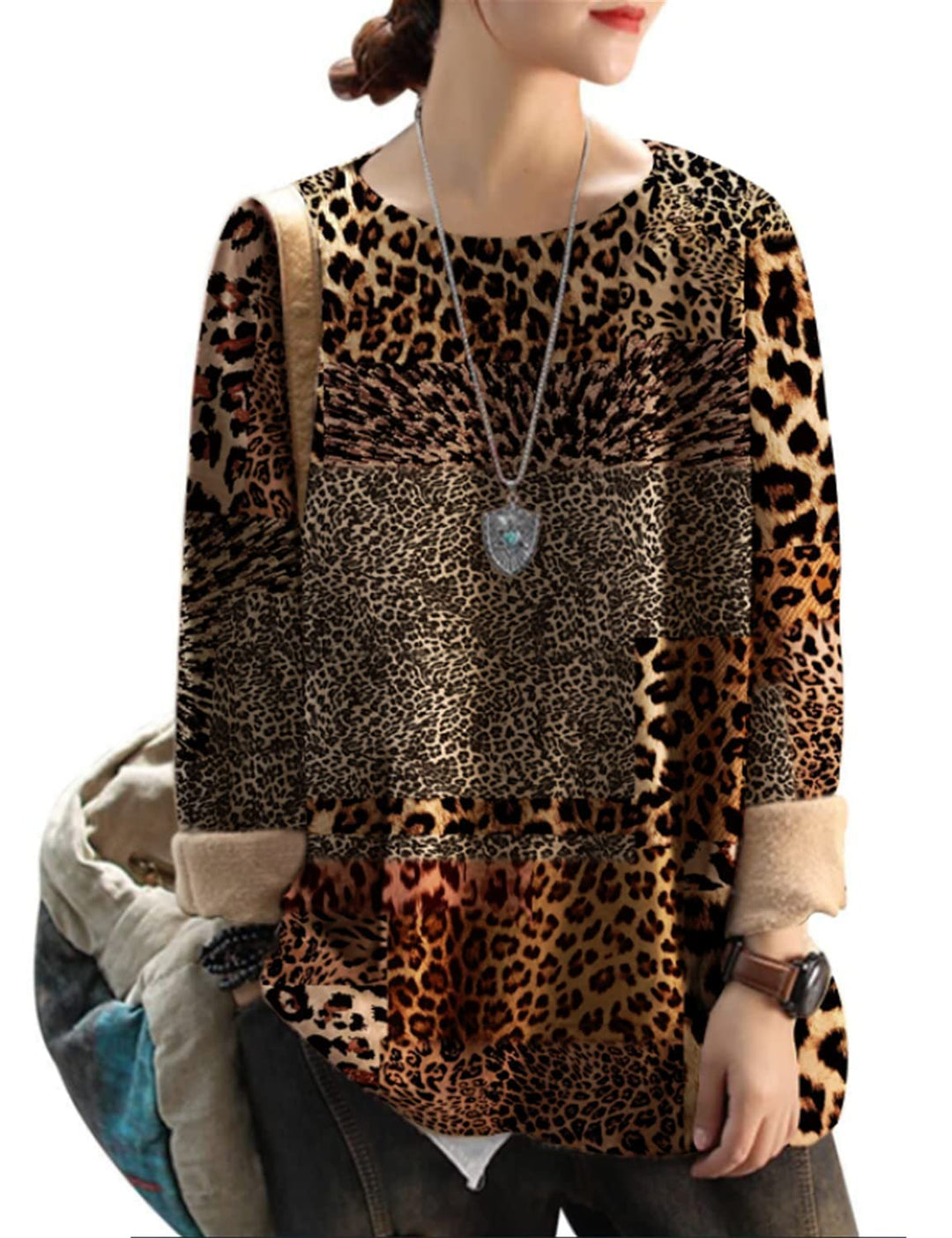 Janein Damen Pullover Oversize Lang Strickpullover Herbst Winter Rundhals Sweater mit Blumenmuster W