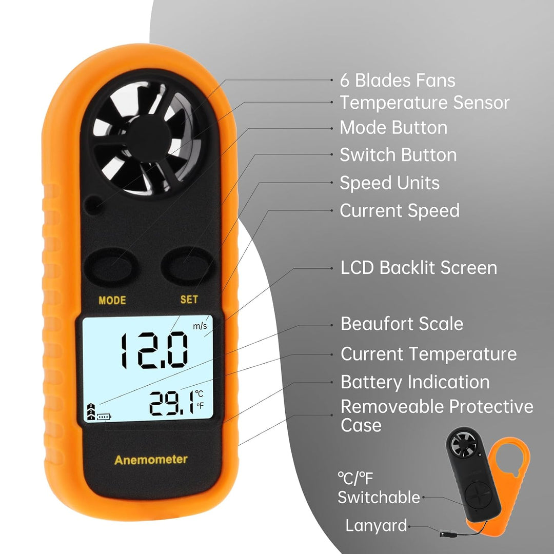 Handheld Anemometer, Digitaler Windgeschwindigkeitsmesser, Mini LCD Display Anemometer mit Schutzhül