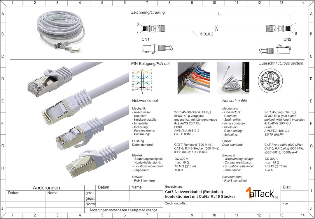 1aTTack.de 5m - schwarz - 5 Stück Cat7 Netzwerkkabel SFTP Patchkabel Lankabel Rohkabel 10GB/s - 500