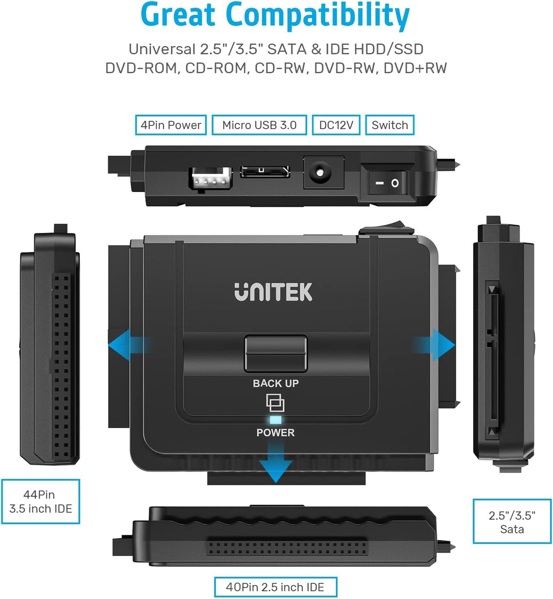 UNITEK USB 3.0 zu IDE SATA Konverter Externer Festplattenadapter für 2.5/3.5 Zoll HDD SSD Festplatte