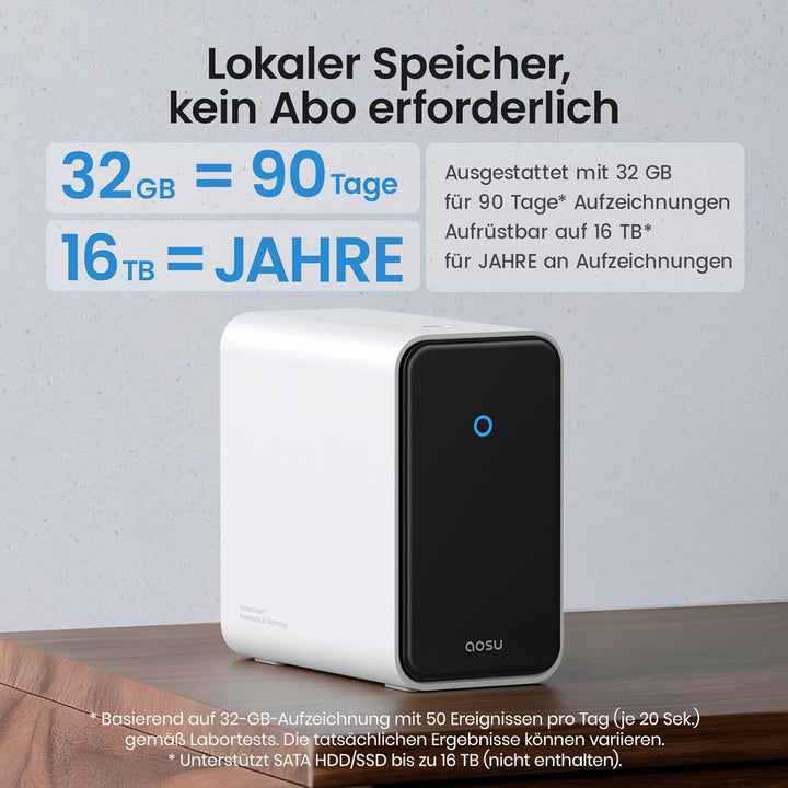 aosu 3K Überwachungskamera Aussen Solar Akku, 8 Cam-Kit &amp; aosuCortex, Kein ABO, 5MP UHD, 32GB Lokal