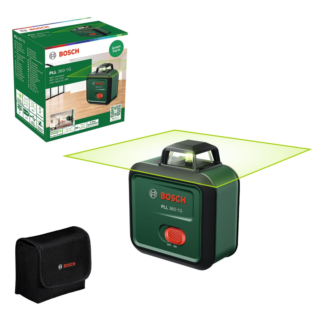 Bosch Linienlaser PLL 360-1G (360° grüner Laser, selbstnivellierend, ±0,4 mm/m Genauigkeit, integrie