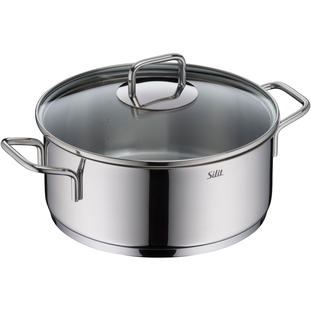 Silit Extra Cook, Bratentopf 24 cm mit Glasdeckel, Innenskalierung, breiter Schüttrand, hochwertiger