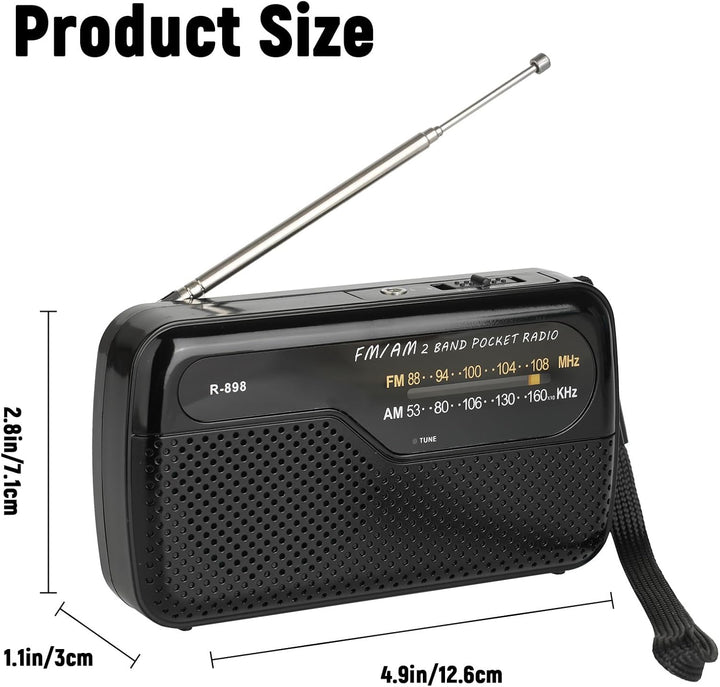 Tragbares Radio, Transistorradios am FM, tragbare Tasche, funktioniert mit 2 AA-Batterien, kleines T