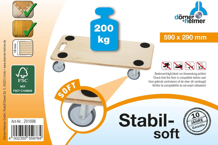 Dörner + Helmer Transportroller Stabil-Soft, 590mm x 290mm x 120mm, 200kg Tragkraft, Gummiräder, für