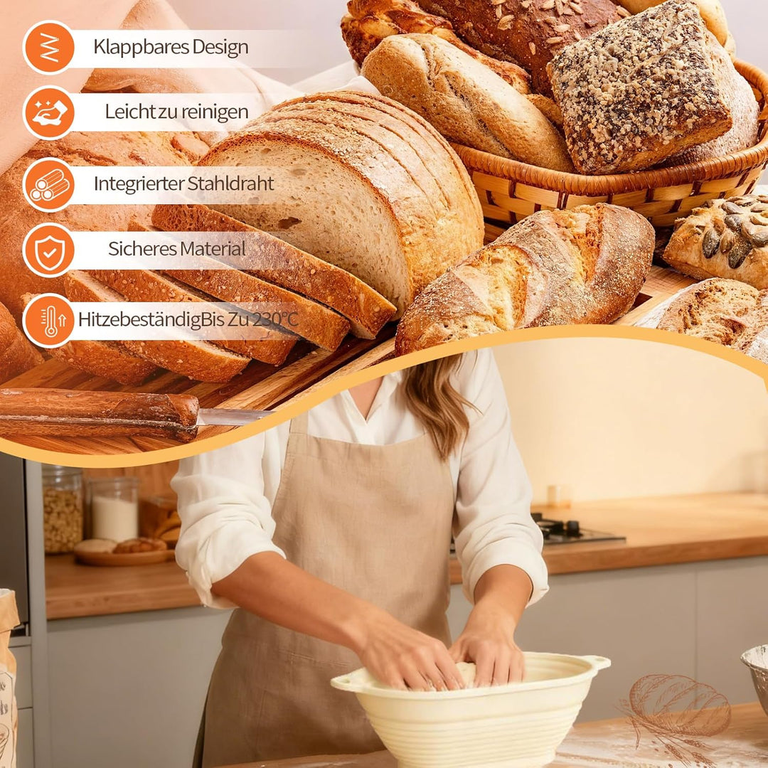 Daity Gärkörbchen,12-teilig Sauerteig Starter Set,28cm Gärkörbchen oval und 25cm Gärkorb rund,650ml