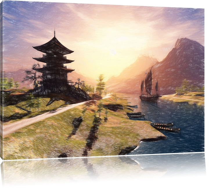 Pixxprint asiatischer Tempel an Fluss als Leinwandbild/Grösse: 100x70 / Wandbild/Kunstdruck/fertig b