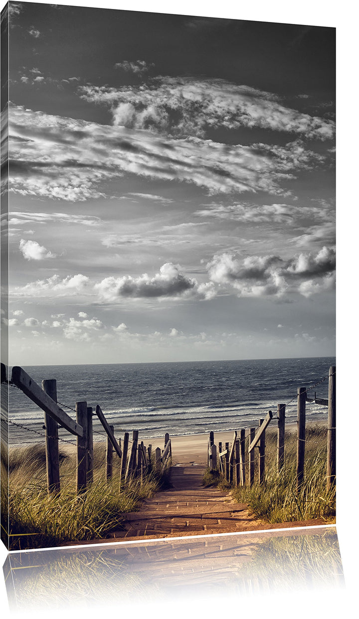 Pixxprint Weg zum Strand am Meer B&W Detail, Format: 100x70 auf Leinwand, 100x70