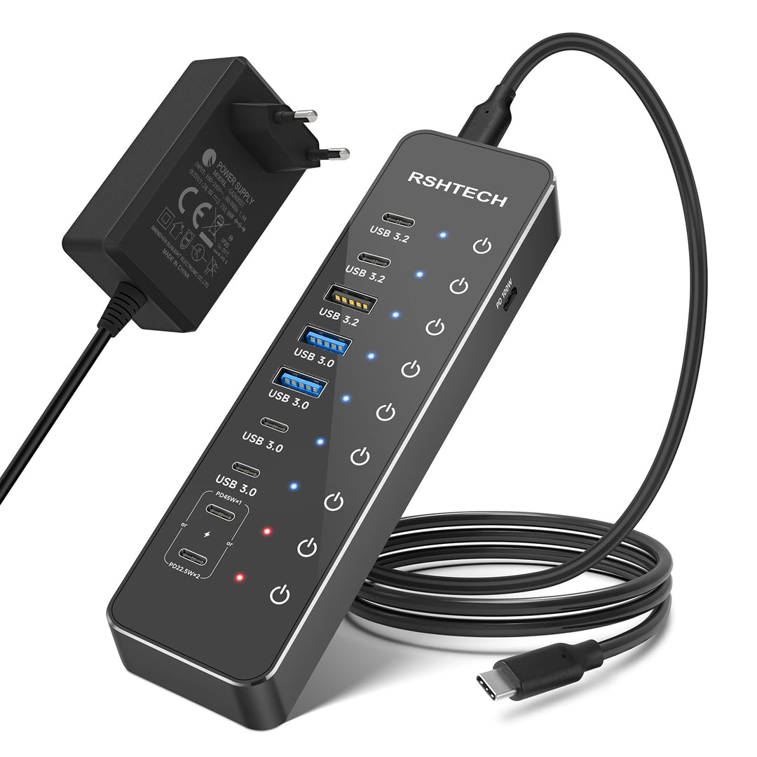 RSHTECH 10 Ports USB C Hub mit Netzteil - 3 USB 3.2 Gen 2 (2 Type C*1 Type A), 4 USB 3.0 (2 Typ C*2
