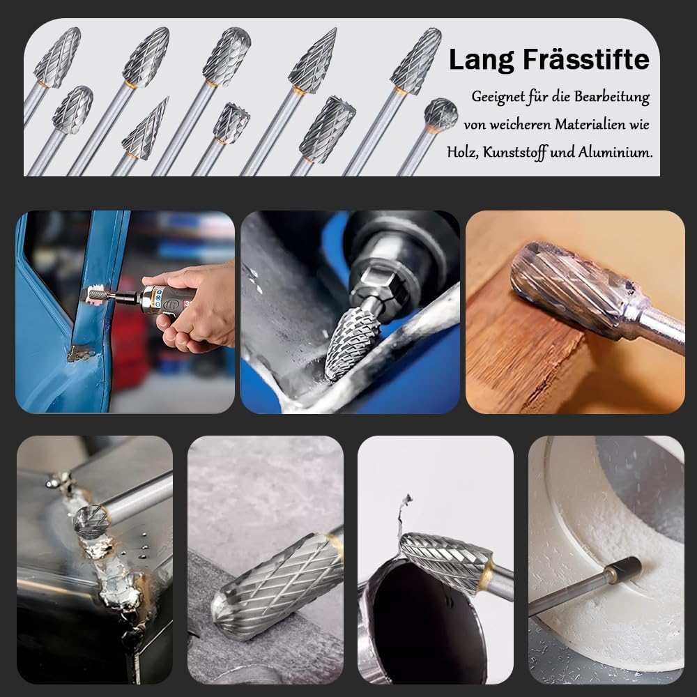 Treki 10 Stück 100mm Lang Hartmetall Frässtifte mit 3mm Schaft Wolframcarbid Fräser Fräsaufsatz für