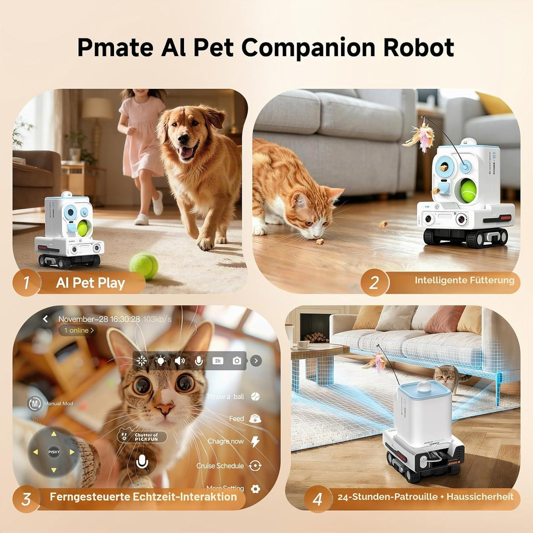 Pmate Haustier Begleiter Roboter mit 2-Wege-Audio & Nachtsicht Haustier Kamera mit KI-Pet-Tracking H