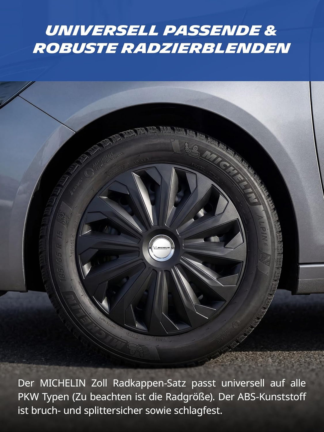 MICHELIN Radkappen 15 Zoll Universal Radzierblenden Fabienne 4er Set Fürs Auto ABS Kunststoff | Schw