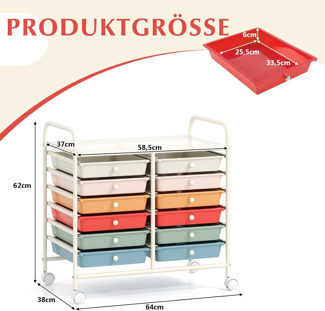 COSTWAY Rollwagen mit 12 stapelbaren Schubladen, Schubladenwagen Rollcontainer mit Metallgestell & A