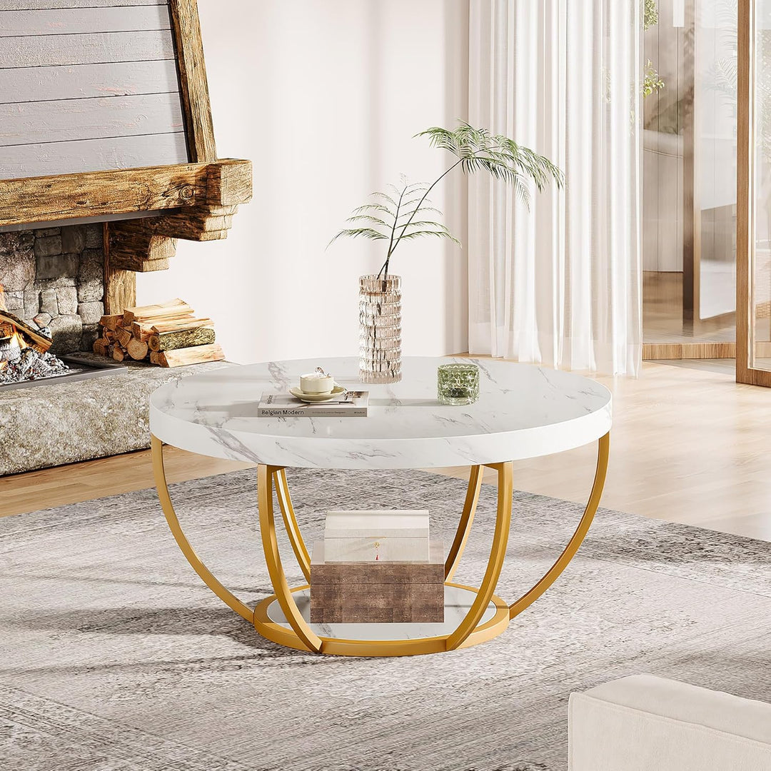 Tribesigns moderner runder Couchtisch, 2-stöckiger Couchtisch mit weissem Marmor und goldenen Metall